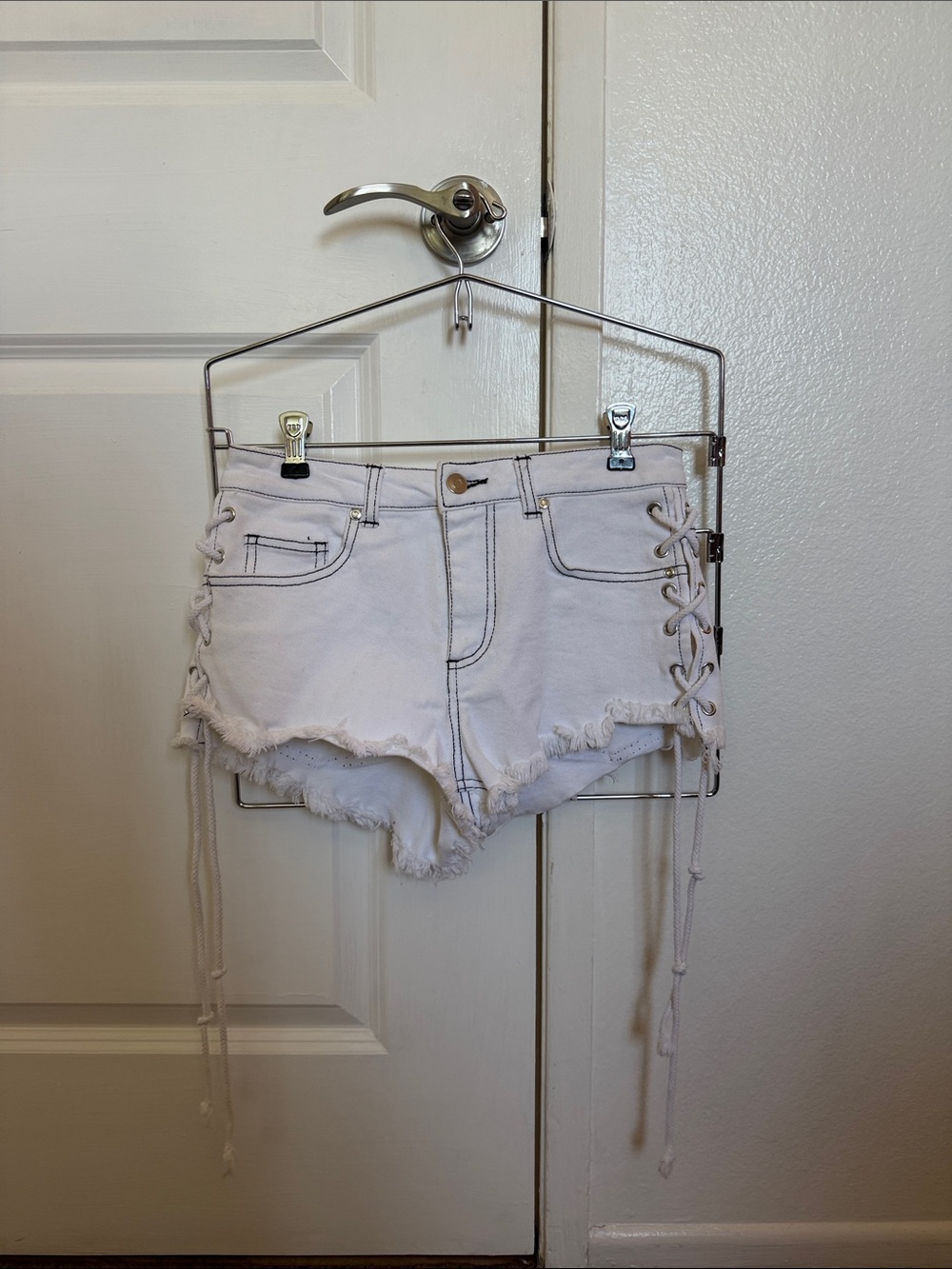 Women’s White Lace-Up Denim Shorts